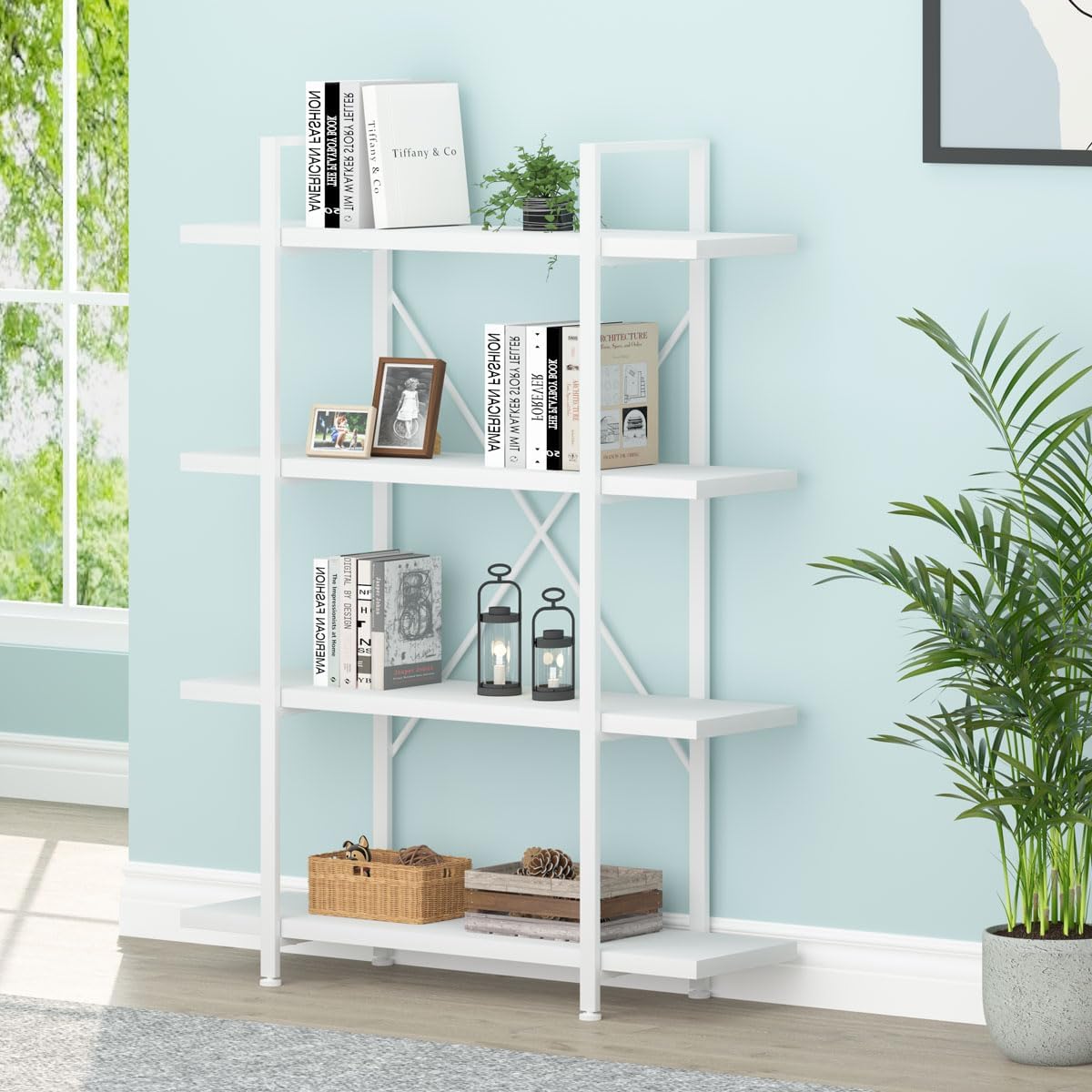 HSH 4 Tier White Bookshelf, Modern 4 Shelf Etagere Bookcase, Industrial Wood and Metal Storage Shelves and Display Book Rack, Farmhouse Open Wide Book Shelf for Bedroom Living Room Office, White Oak