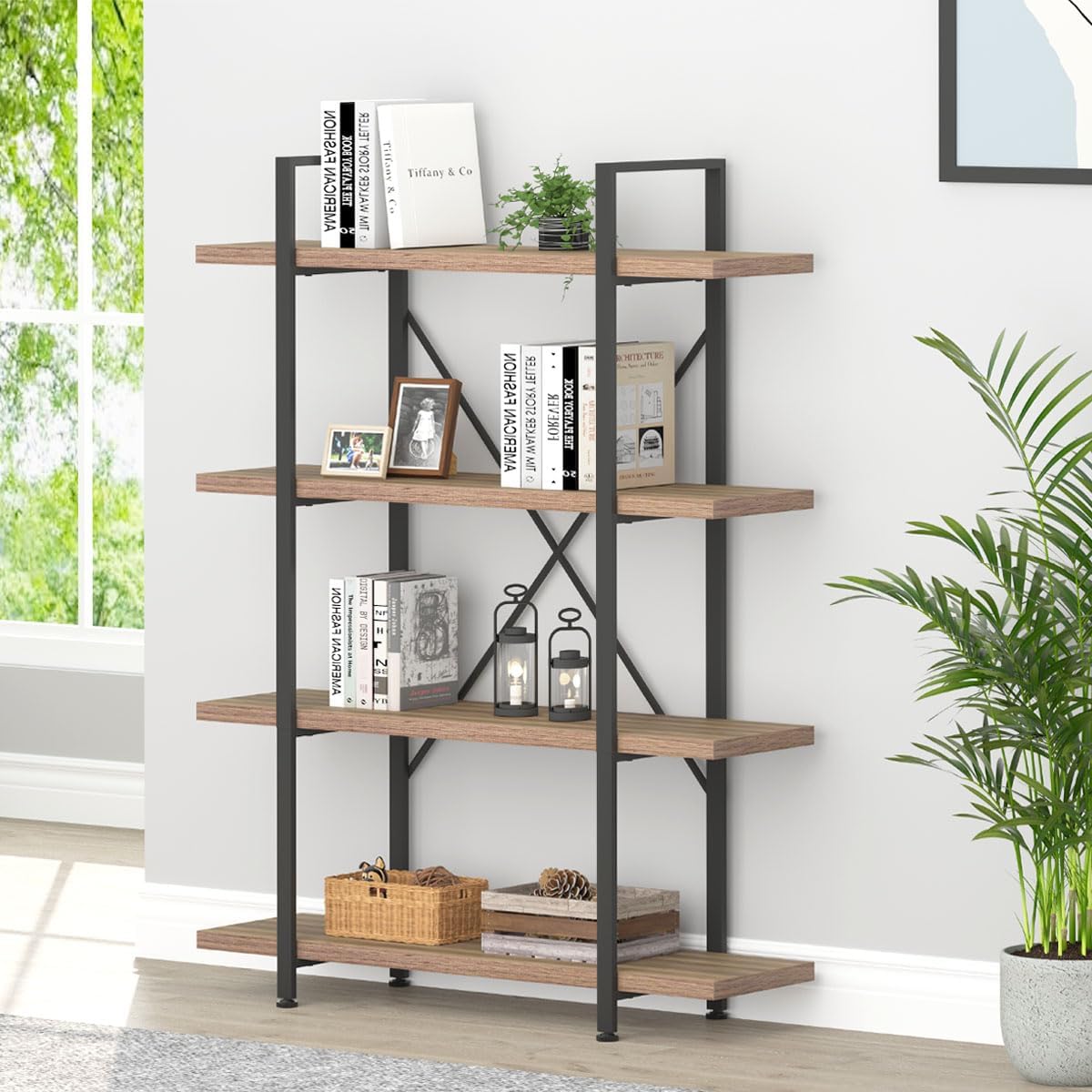 HSH Industrial 4 Tier Bookshelf, Modern Metal and Wood 4 Shelf Bookcase Etagere, Farmhouse Open Wide Display Storage Bookshelves and Bookcases Heavy Duty for Bedroom Living Room Office, Rustic Oak