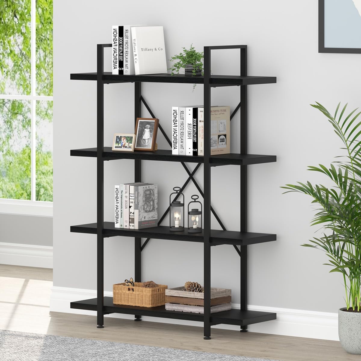 HSH 4 Tier Black Bookshelf, Industrial Metal Wood Storage Book Shelves, Modern Open 4 Shelf Bookcase and Display Etagere, Vertical Book Shelf for Bedroom Living Room Office