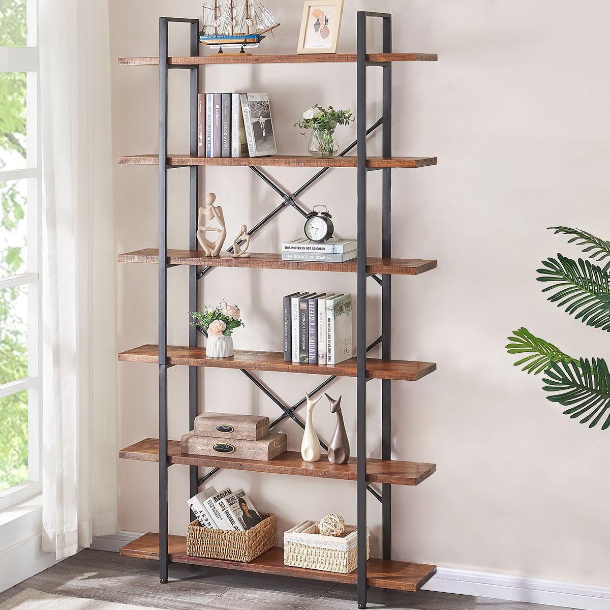 HSH Solid Wood Bookshelf, 6 Tier Tall Industrial Etagere Bookcase and Storage Shelves Heavy Duty, Rustic Large Open Vertical Metal Natural Real Wood Book Shelf for Bedroom Living Room Distressed Brown