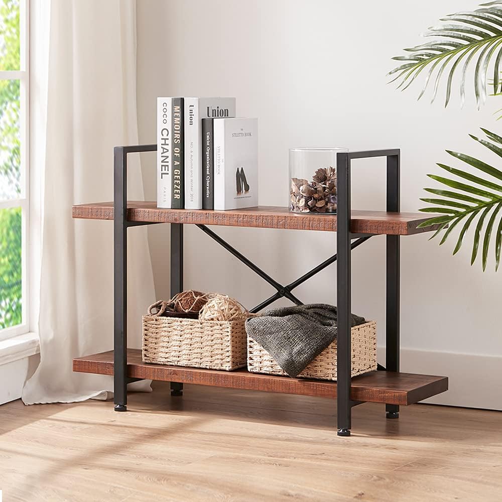 HSH Natural Real Wood Bookshelf, 2 Tier Small Rustic Vintage Industrial Etagere Bookcase, Low Open Metal Farmhouse Solid Wooden Book Shelf, 2 Shelf Bookcase for Living Room Bedroom, Distressed Brown