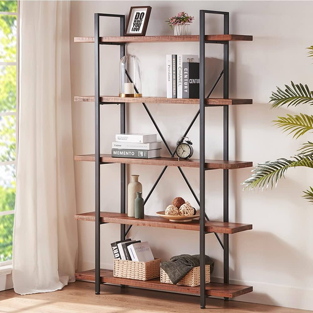 HSH Natural Real Wood Bookcase, 5 Tier Industrial Rustic Vintage Etagere Bookshelf, Open Metal Farmhouse Solid Wooden Book Shelf, Distressed Brown