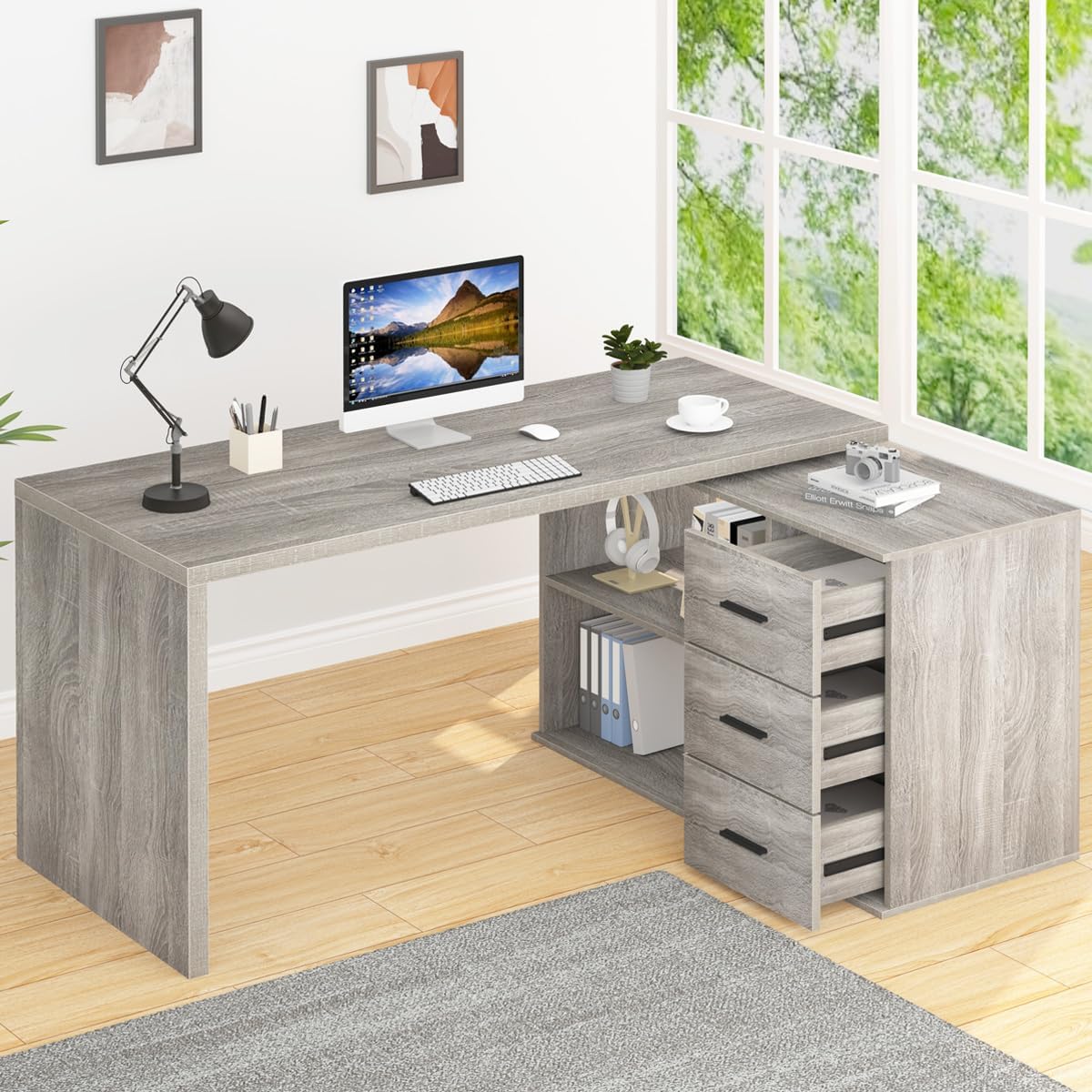 HSH 360 Rotating L Shaped Computer Desk with 3 Drawers and 2 Shelves, Home Office Swivel Desk for Work Writing Study Gaming, Reversible Wood Corner Desk with Storage Cabinet, Light Grey Oak, 55 Inch