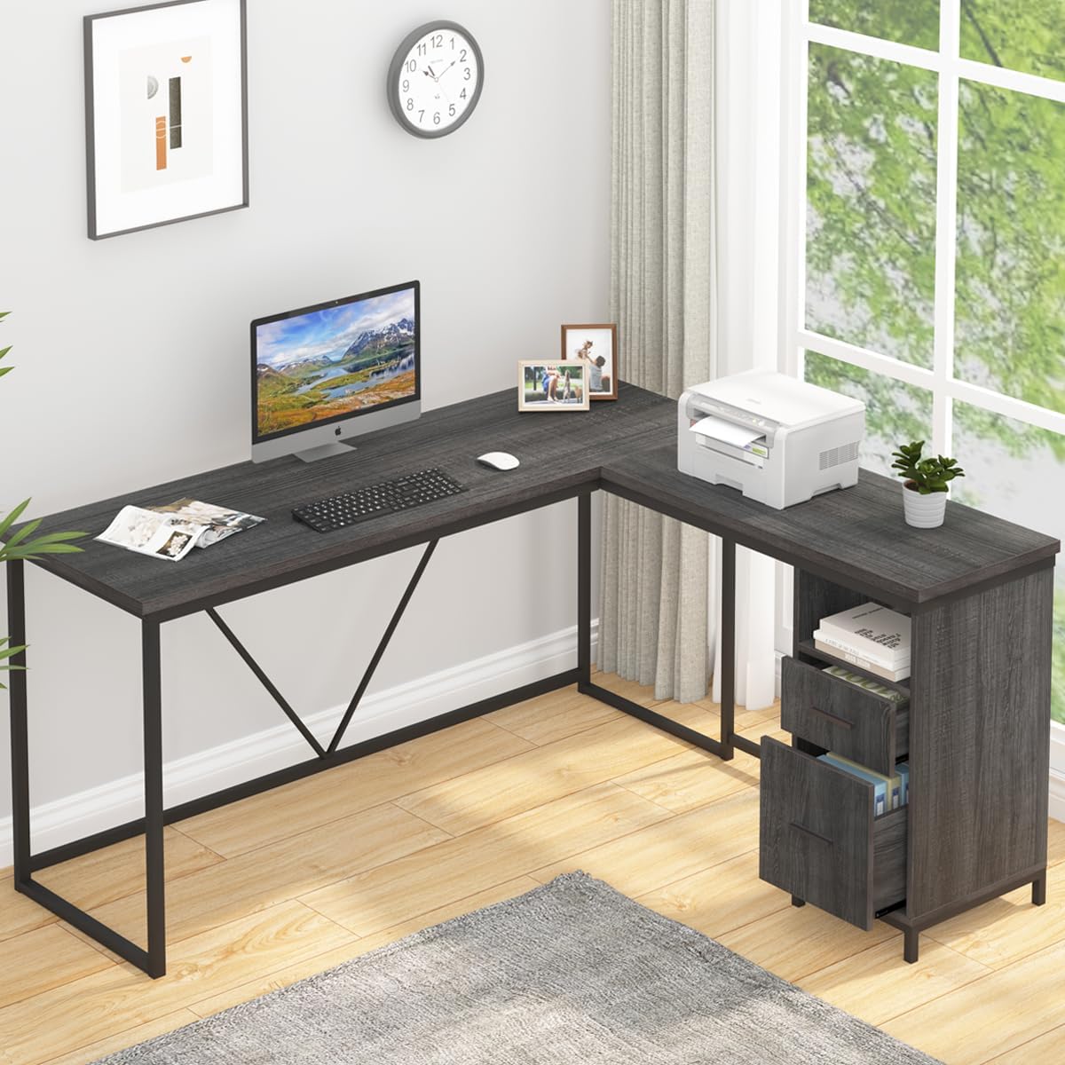 HSH L Shaped Computer Desk with Drawers Cabinet Shelves for Storage, Rustic Gray Wooden and Metal Home Office Desk, Reversible Corner Desk, Industrial Work Writing Study Table, Grey Oak 59 x 55 Inch