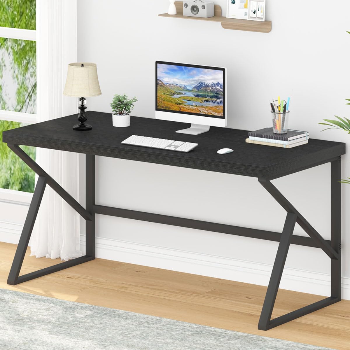 HSH Black Desk, Modern Industrial Home Office Computer Desk, Laptop PC Desk for Student Work Writing Study Gaming, Simple Metal and Wooden Computer Table in Bedroom Living Room Workstation, 55 Inch