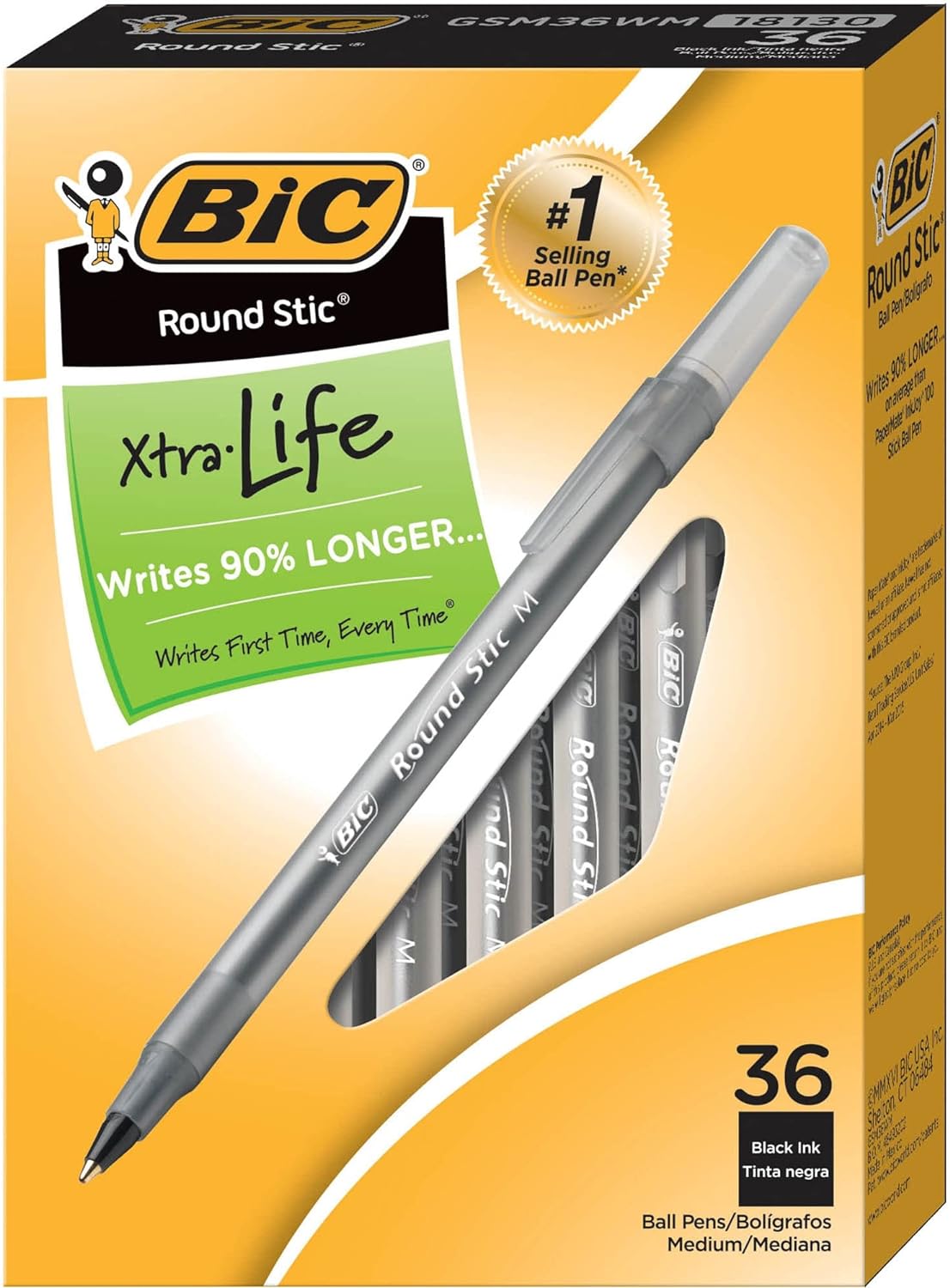 BICÂ® Round SticÂ® Xtra Life Ball Point Pen, Black, 36 Pack