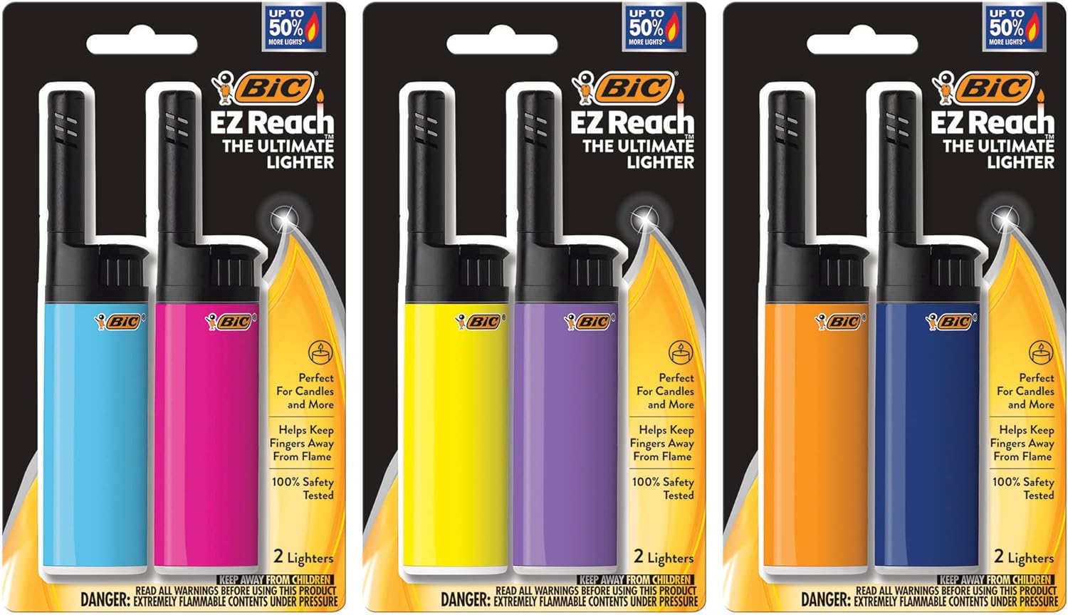 Bic lighters, with a push-button ignitor and an extended neck that makes it easy to light candles where the wick is deep inside the jar, or for catching the hard to reach bits of newspaper to start a fire in a fireplace. They seem to last quite a while, but they don't get a ton of use, so they hold fuel well.