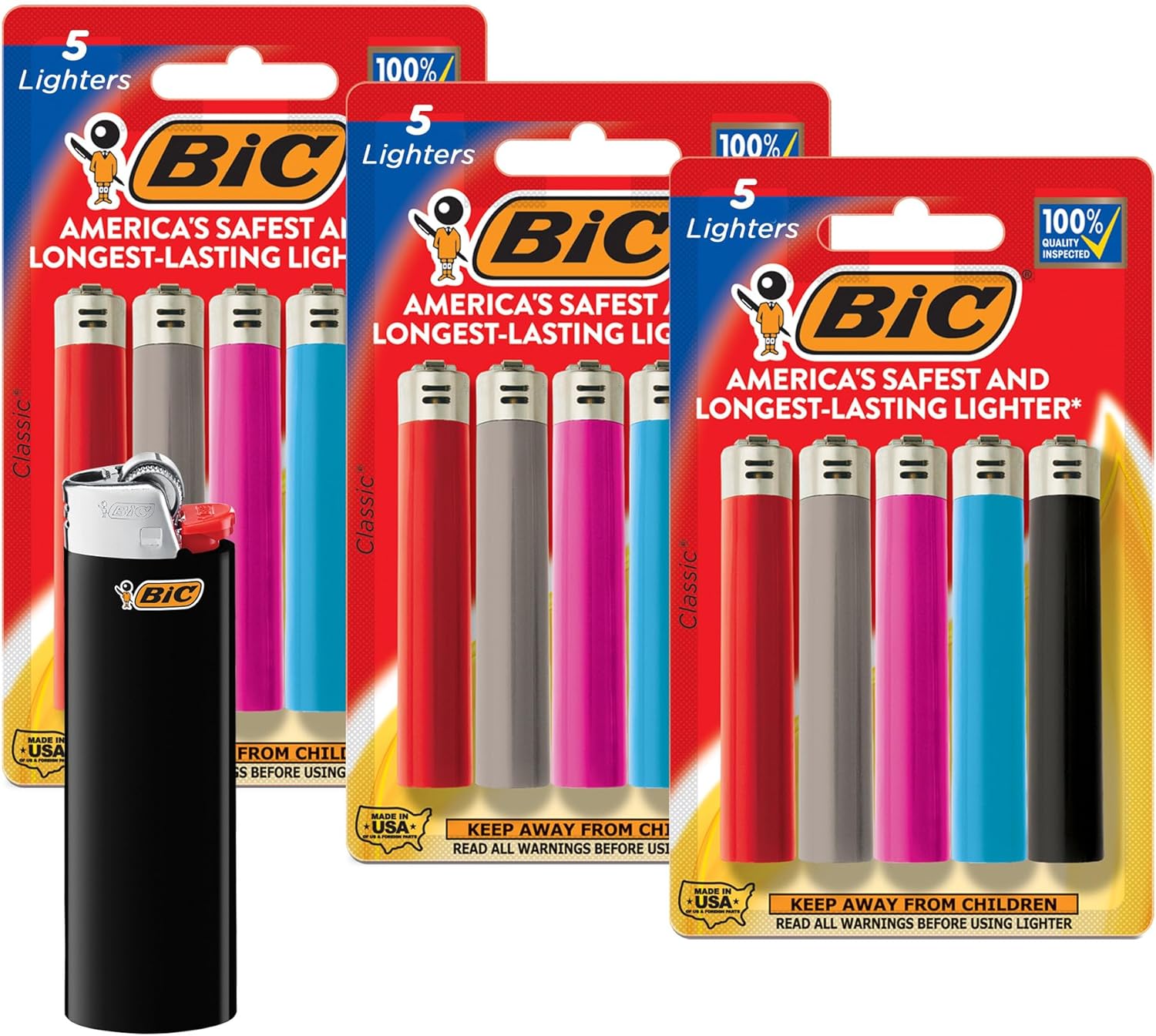 Bic lighters are always high quality and last a while. They came exactly as ordered, correct number of packages and lighters in each package. I'd recommend this if you often lose your lighters around the house or happen to use lighters fairly often. I hope this helps any who are thinking of buying, it' worth your money :)