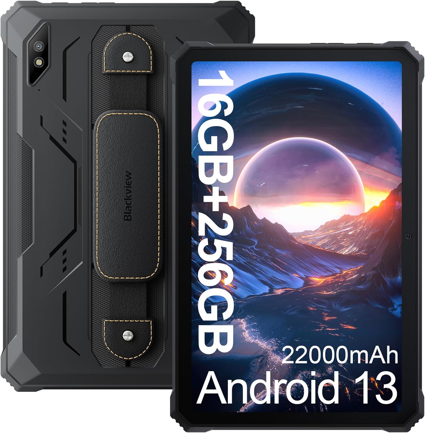 Blackview 2.4k 10.36 inch Rugged Tablet, 22000mAh Octa-core Tablet, 16GB RAM+256GB ROM+1TB Expand Android 13 Tablet, 48MP+16MP Camera Waterproof Tablet, 4G LTE/5G WiFi, BT 5.0/OTG/GPS-Black