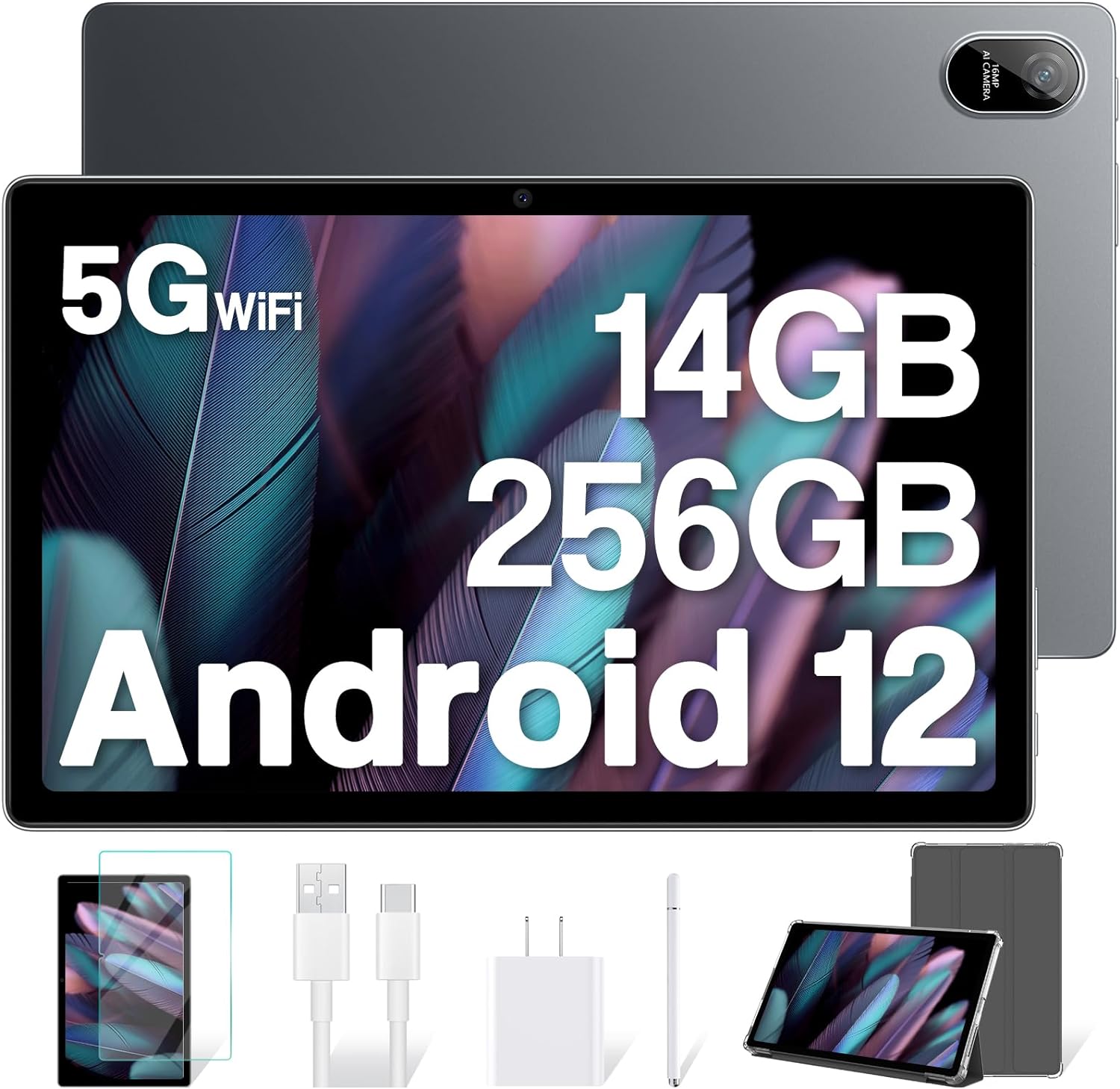 Blackview 10.36 inch 2K Tablet, Android Tablet 14GB(8+6 Expand) RAM 256GB ROM(TF 1TB), 8380mAh Octa-core Gaming Tablet, 16MP+16MP Camera Android 12 Tablet for Adults, 5G WiFi/GPS, Stylus, Gray