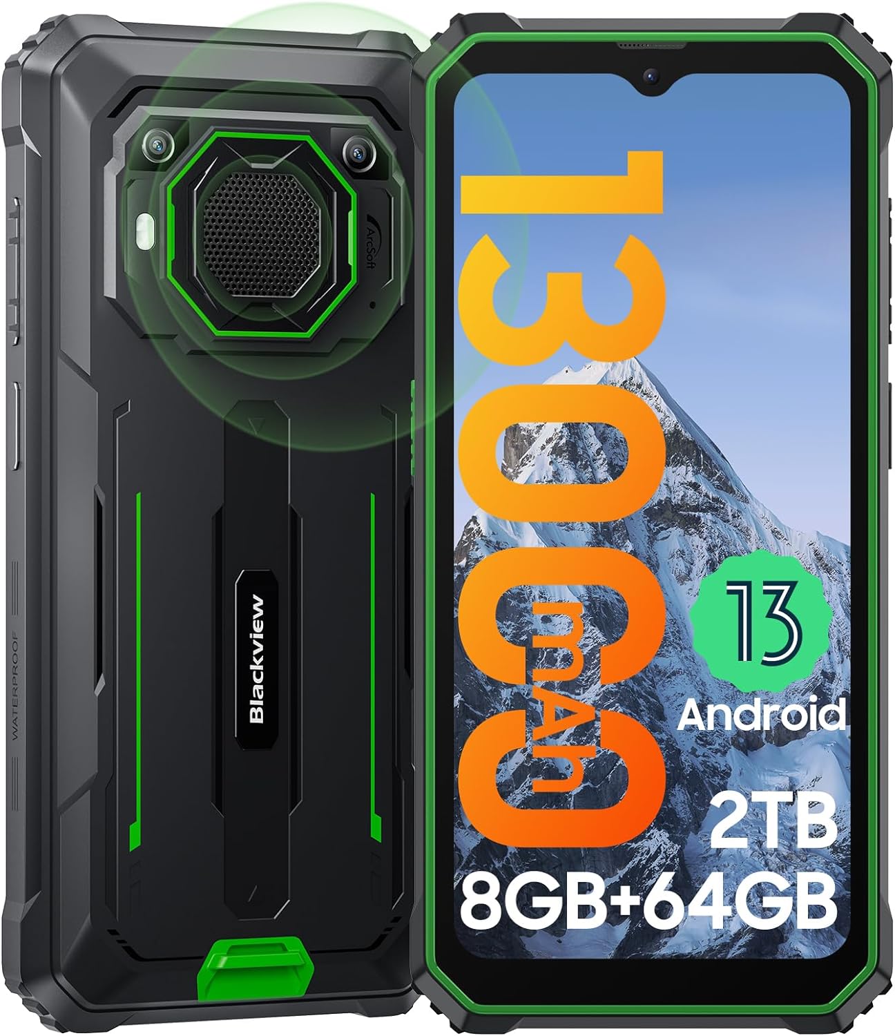 Rugged Phones Unlocked, 2023 Blackview BV6200 Rugged Smartphone, 13000mAh Battery 18W Fast Charge, Android 13, 8GB 64GB/2TB Expand, Loudest Speaker Waterproof Mobile Phones,Three Card Slots,Glove Mode