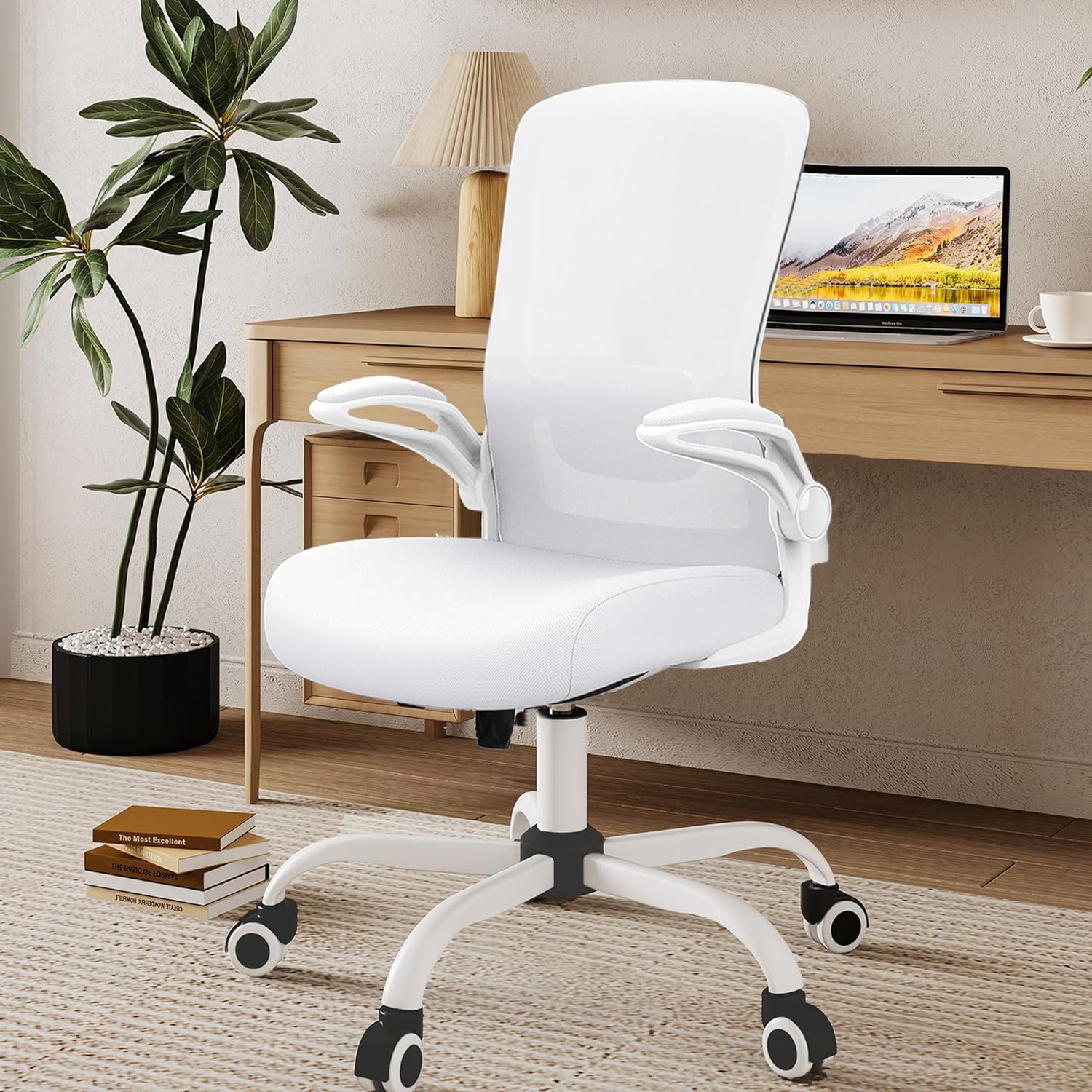 Mimoglad Home Office Chair, High Back Desk Chair, Ergonomic Mesh Computer Chair with Adjustable Lumbar Support and Thickened Seat Cushion (Modern, Ivory White)