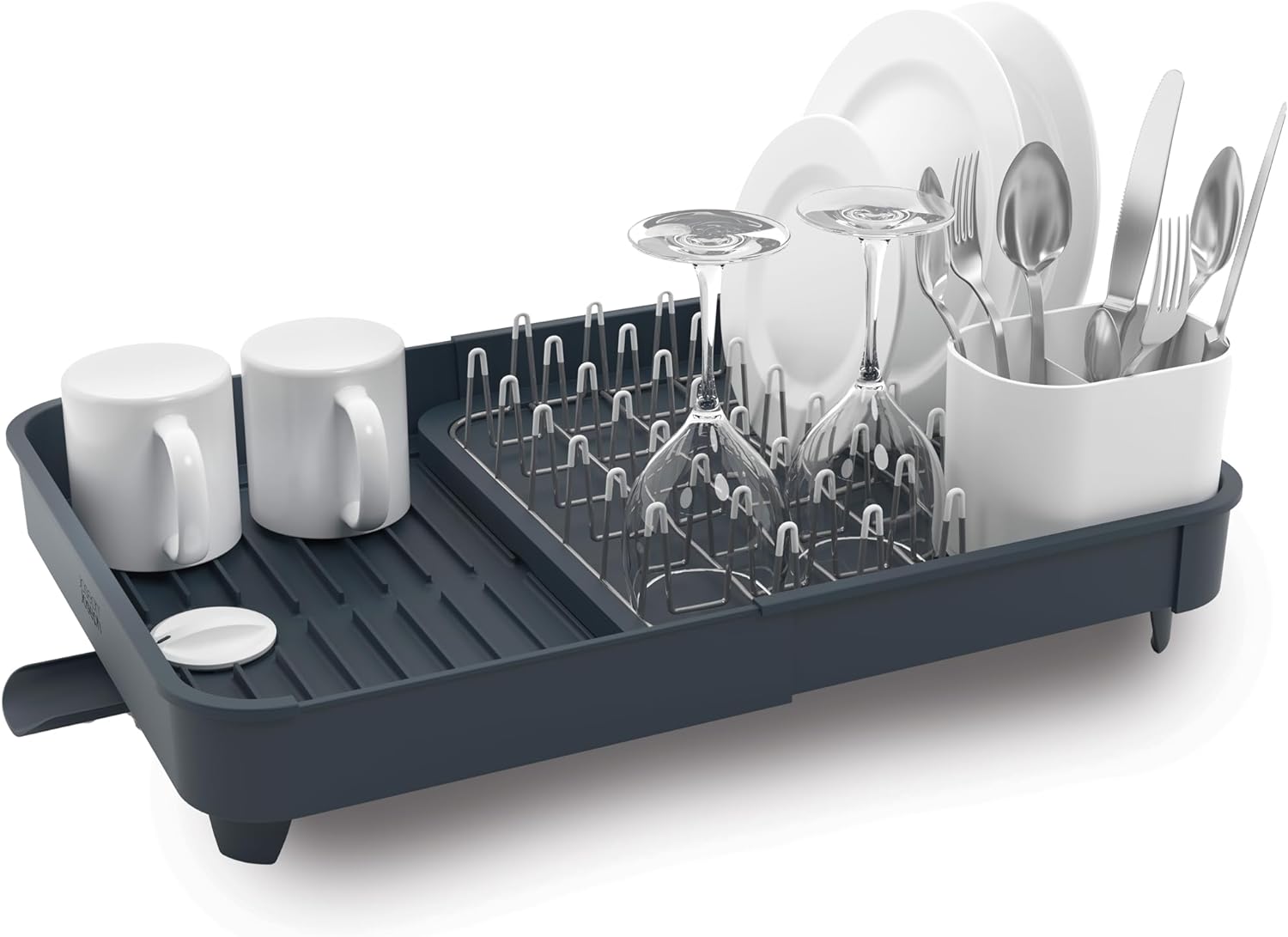 Joseph Joseph 85040 Extend Expandable Dish Drying Rack and Drainboard Set Foldaway Integrated Spout Drainer Removable Steel Rack and Cutlery Holder, Gray