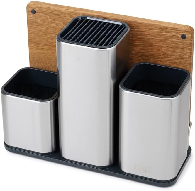 Joseph Joseph CounterStore Kitchen Utensil Holder Knife Block and Cutting Board Set, Stainless Steel