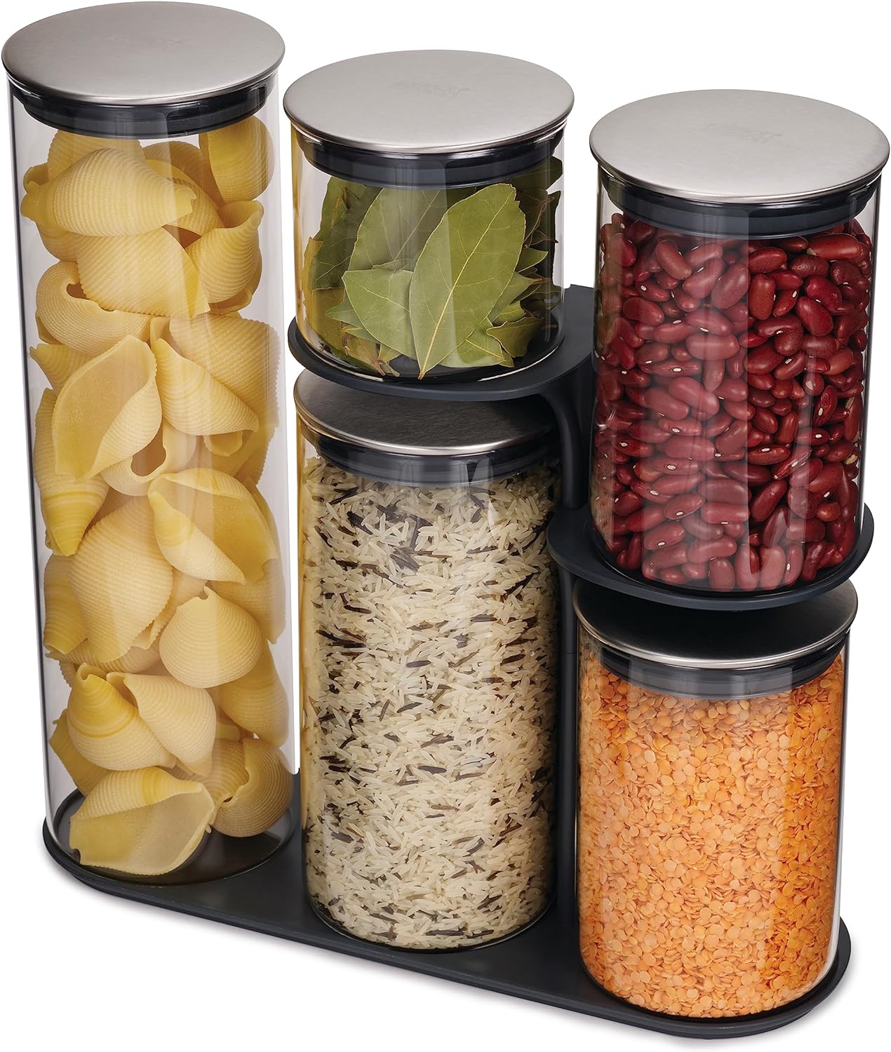 Joseph Joseph Podium 100 Dry Food Storage Container Stand, 5-Piece Set, Stainless-Steel/Glass