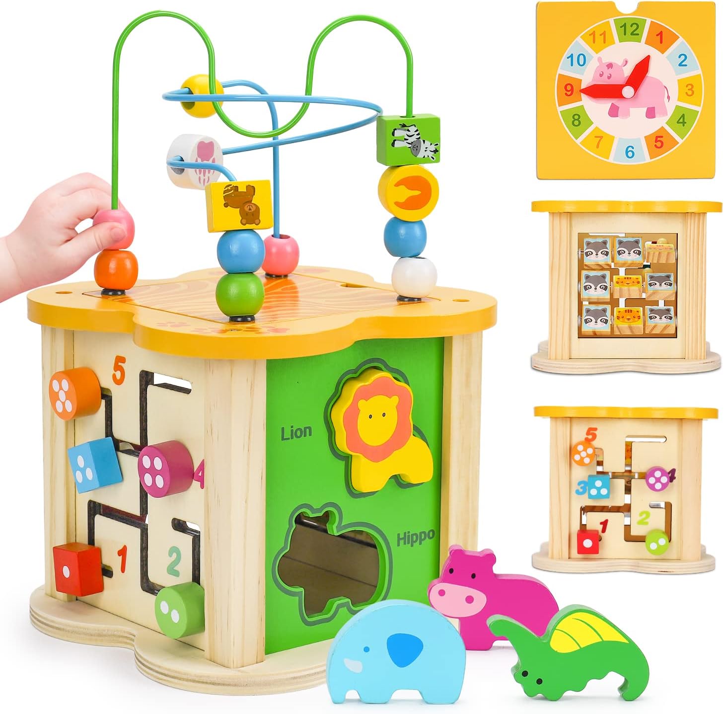 Wooden Baby Toys Activity Cube 6-in-1 Play Center Bead Maze Animal Shape Sorter Learning Montessori Sensory Infant Toys 6 12 9 18 Month 1 2 Year Old Development Toddler Boys Girls First Birthday Gift