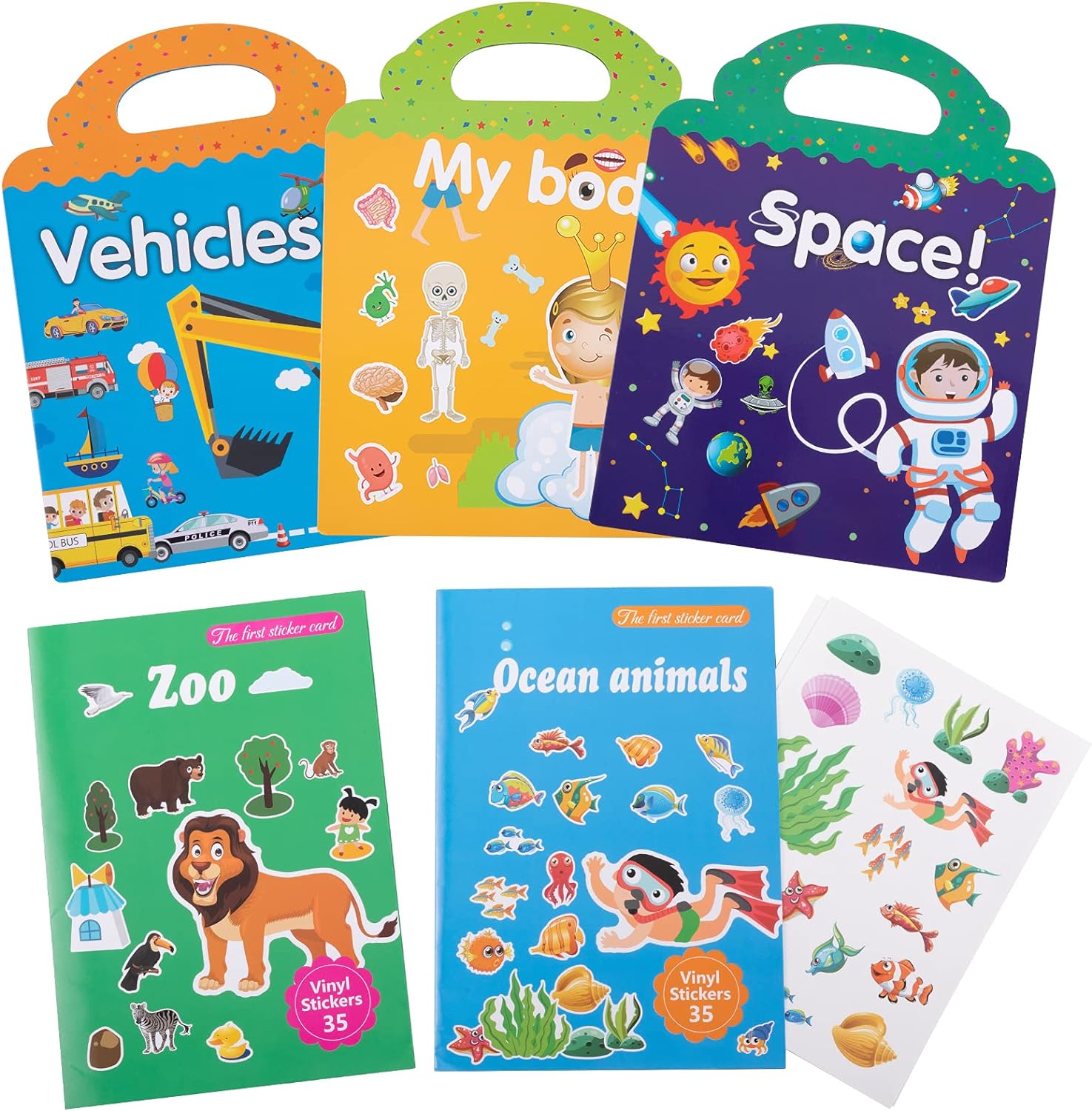 5 Sets Reusable Sticker Books for Kids- My Body, Zoo, Vehicles, Space, Ocean Animals Cute Static & Adhesive Stickers Book for Toddlers Age 3-4 Educational Toys Learning Books Birthday Gifts