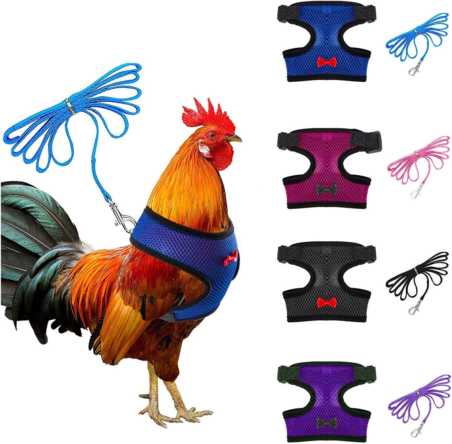 4 Pcs Adjustable Chicken Harness with Leash- 4 Styles Comfortable Hen Vest Breathable Mesh Training Harness and Leash for 2.5-3.6 Lb Duck Goose Hen Small Pets