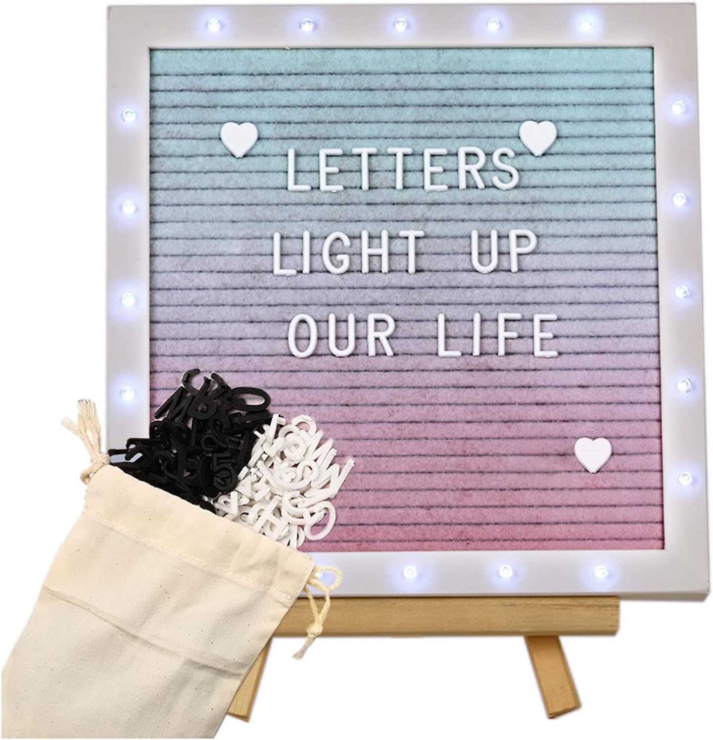 LED Gradient Felt Letter Board Sign Lights, 10in  10in Changeable Message Board with 470 Black & White Pre-Cut Letters for Valentine' Day Birthday Gifts Baby Showers Wedding Party Decor