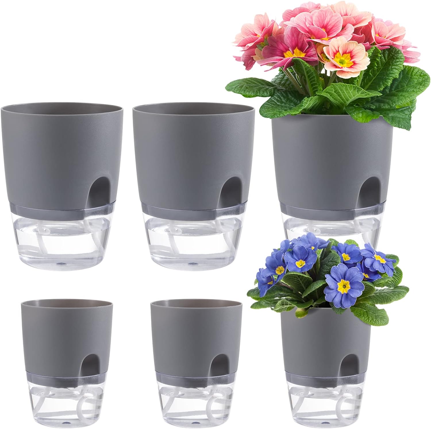 6 pcs Self Watering Plant Pots, 4.1/3.2 in Plastic Planter with Drainage Holes, Flower Pots for Indoor Plants, African Violet, Succulents, Herbs, Grey