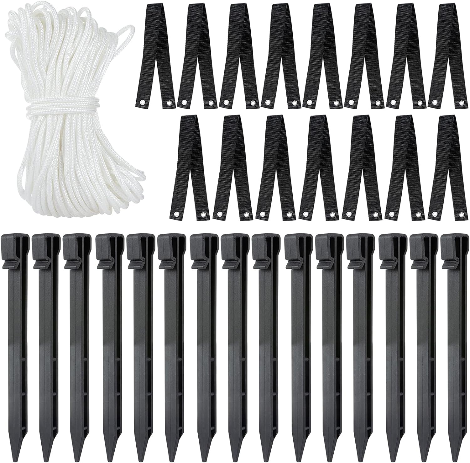 Tree Stake Kits for 5 Trees- 15pcs Black Tree Stakes and 15pcs Tree Straps with 131.2 Ft Strong Rope, Young Trees Anchoring Kits for Sapling Straight Healthy Growth Outdoor Garden Yard Plant Fix