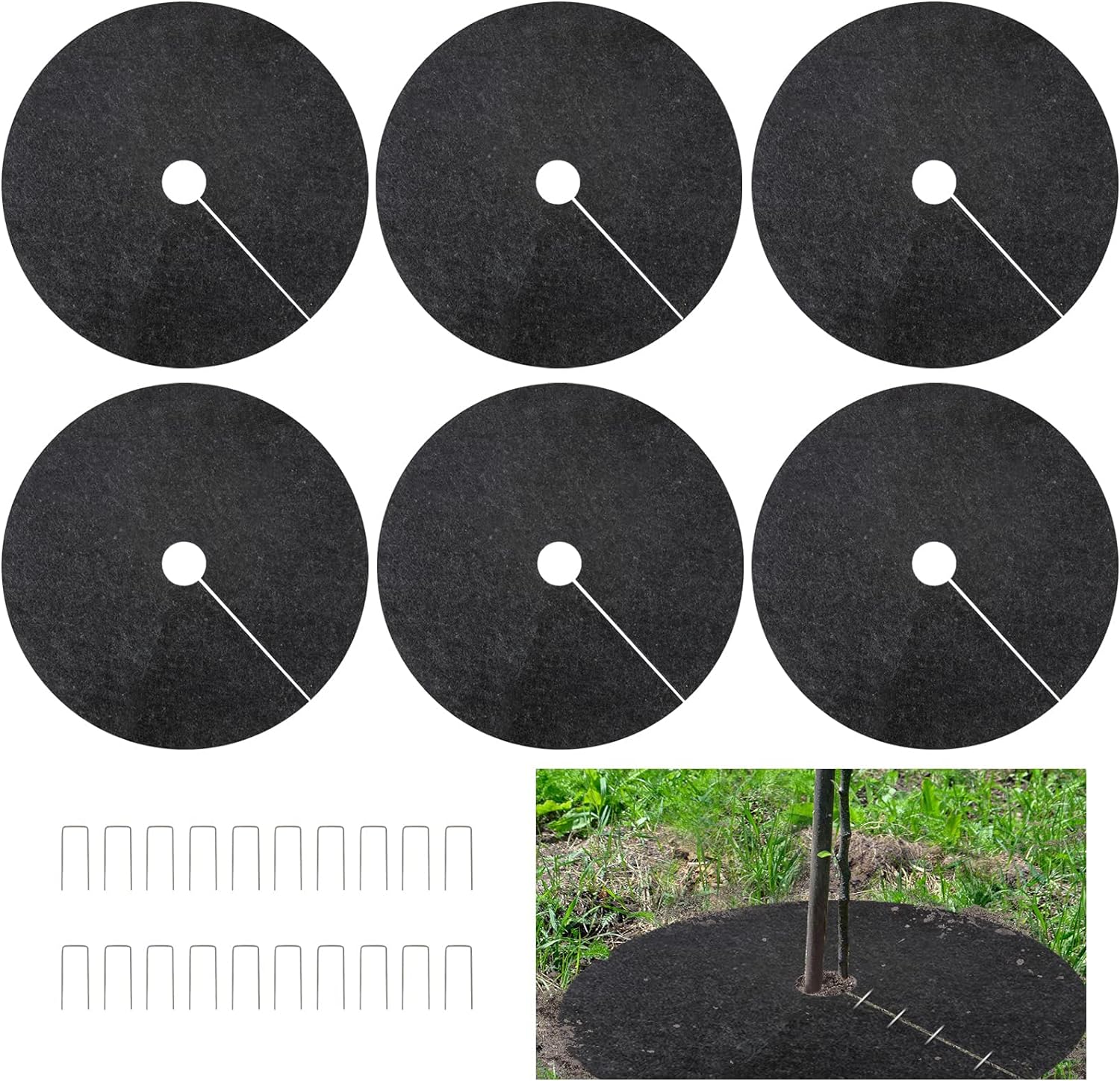 20.5 Inch Non-Woven Tree Mulch Ring, Thickened Tree Protector Mat, Plant Cover with 20 Staples Stakes, Round Anti Grass Gardening Landscaping Fabric Cover for Weed Control Root Protection (6 Pack )