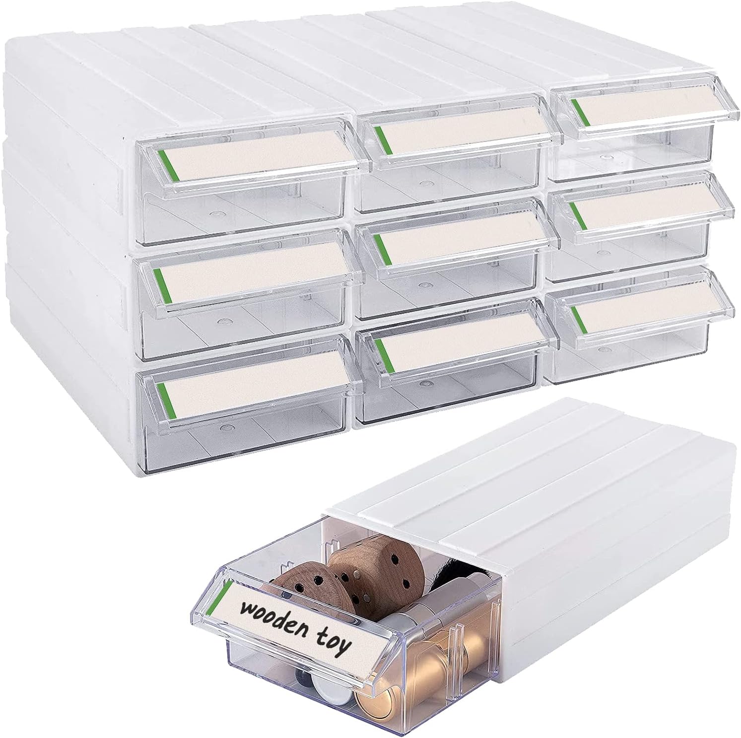 9 Pcs Plastic Stacking Storage-in-Drawer Cabinet- Desktop& Wall Mounted 9 Drawer Storage Closet with 18pcs Clear Dividers Multifunctional Organizer Rack with 9pcs Tag Card for Home Office Small Items