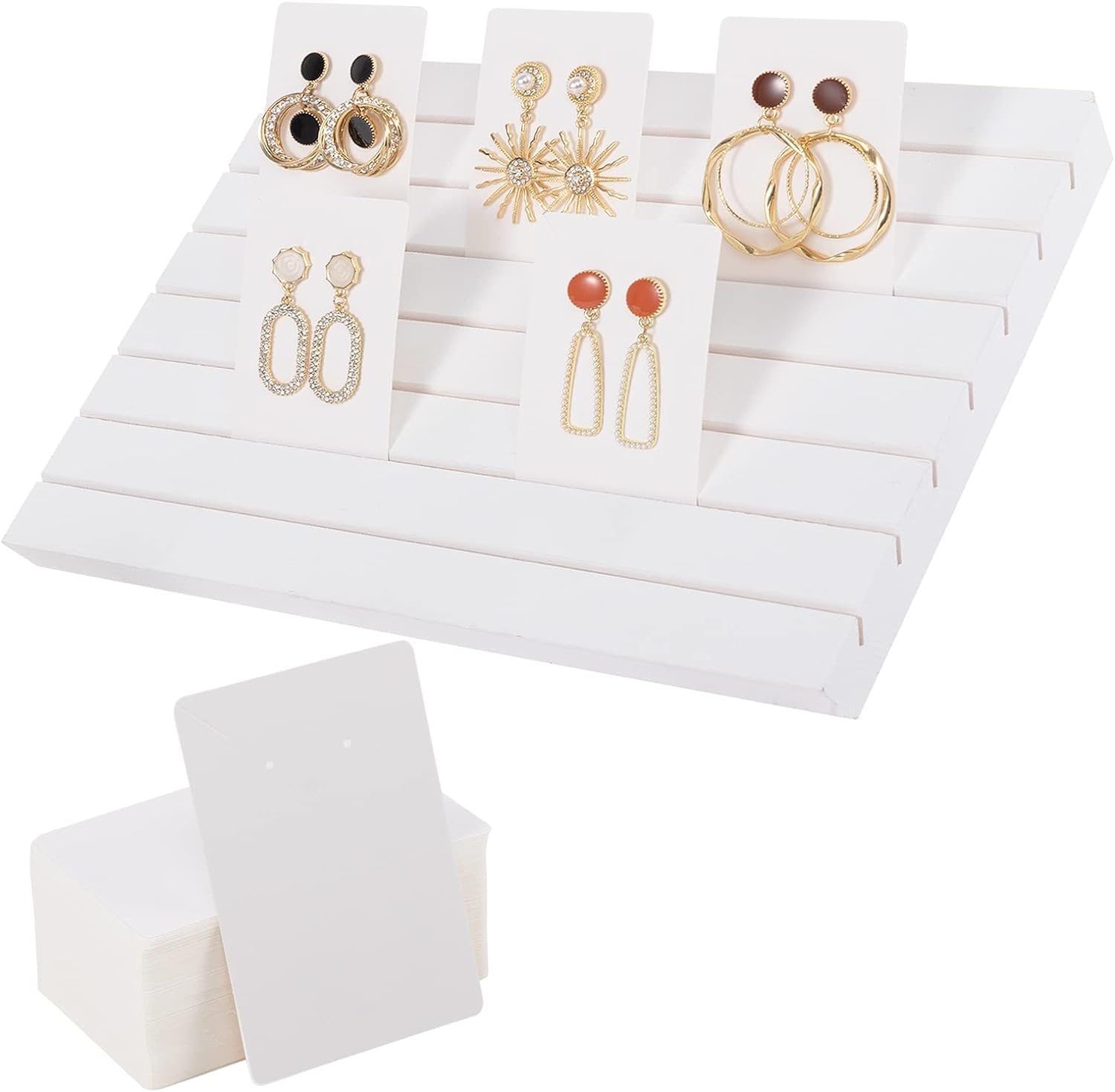 Aulock Wooden Earring Display Stands- Portable Wooden Earring Display Holder with 2 Detachable Pegs+ 200pcs Earring Cardboard for Selling Earring Jewelry Show Business Card Holder Display (White)