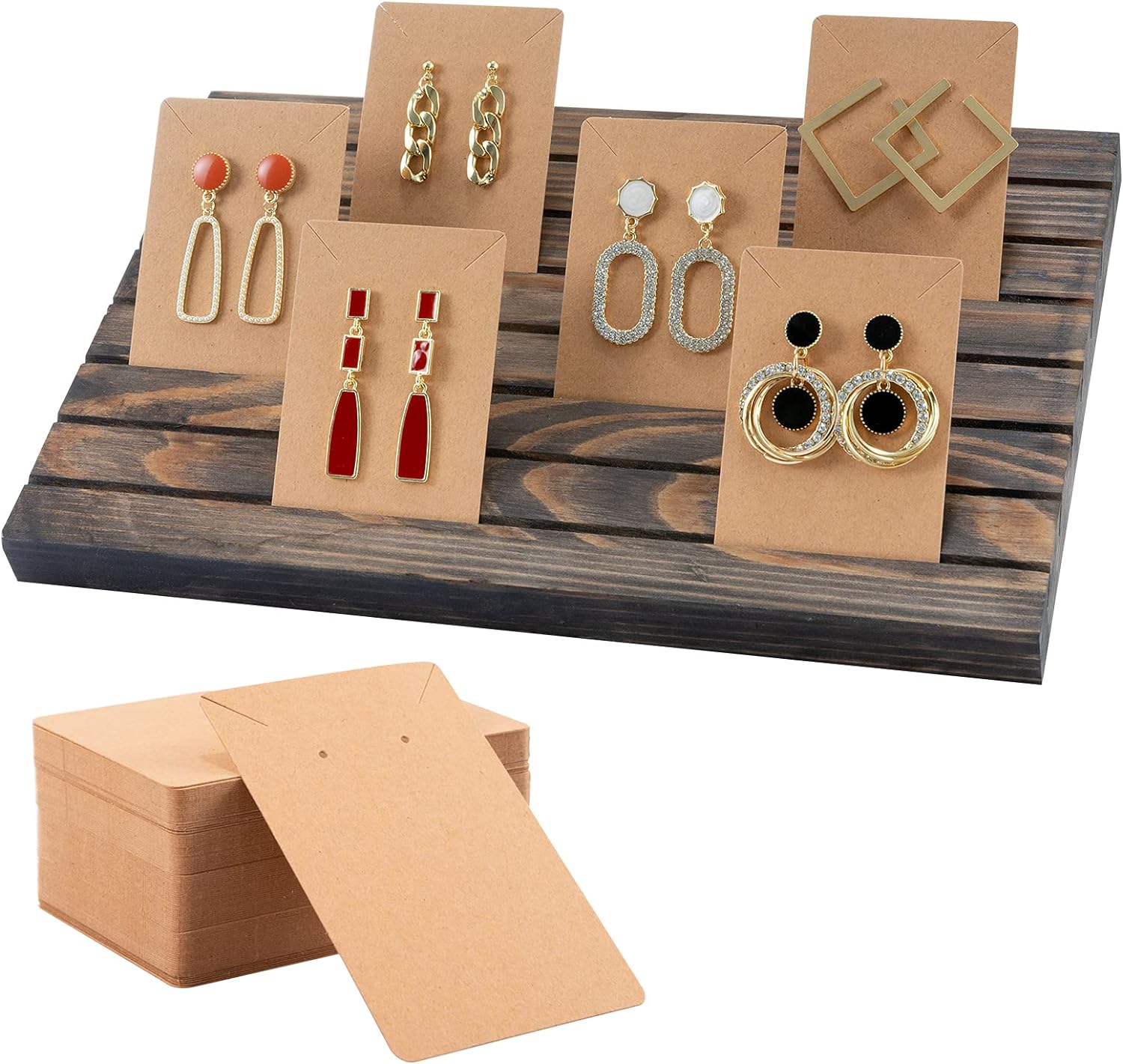 Aulock Wooden Earring Display Stands- Portable Wooden Earring Display Holder with 2 Detachable Pegs+ 200pcs Earring Cardboard for Selling Earring Showing Jewelry Displaying Business Card (Brown)