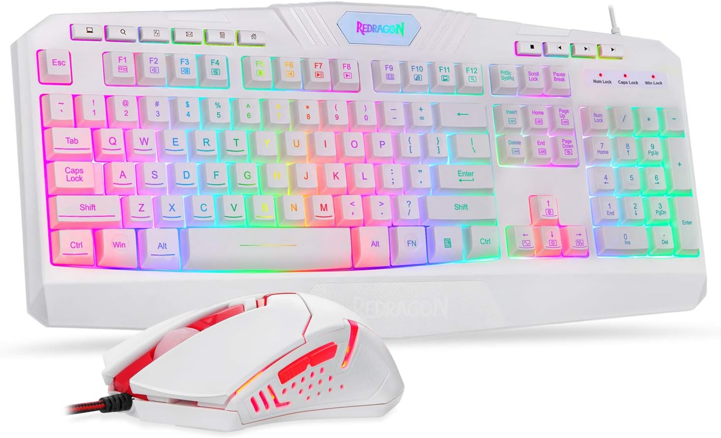 Redragon S101 Wired RGB Backlit Gaming Keyboard with Multimedia Keys Wrist Rest and Red Backlit Mouse Combo 3200 DPI for Windows PC Gamers (White)