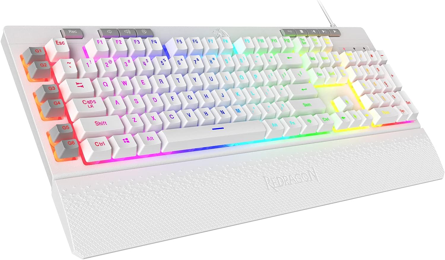 Redragon K512 Shiva RGB Backlit Membrane Gaming Keyboard with Multimedia Keys, Linear Mechanical-Feel Switch, 6 Extra On-Board Macro Keys, Dedicated Media Control, Detachable Wrist Rest, White