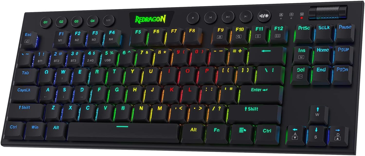 Redragon K621 Horus TKL Wireless RGB Mechanical Keyboard, 5.0 BT/2.4 Ghz/Wired Three Modes 80% Ultra-Thin Low Profile BT Keyboard w/Dedicated Media Control & Linear Red Switches, Black