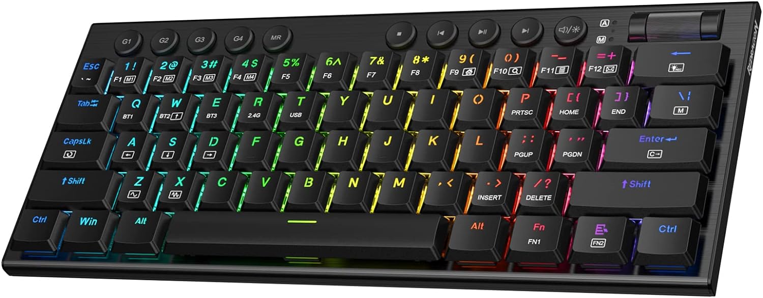 Redragon K632 PRO 60% Wireless RGB Mechanical Keyboard, BT/2.4Ghz/Wired Tri-Mode Ultra-Thin Low Profile Gaming Keyboard w/No-Lag Connection, Dedicated Media Control & Linear Red Switch