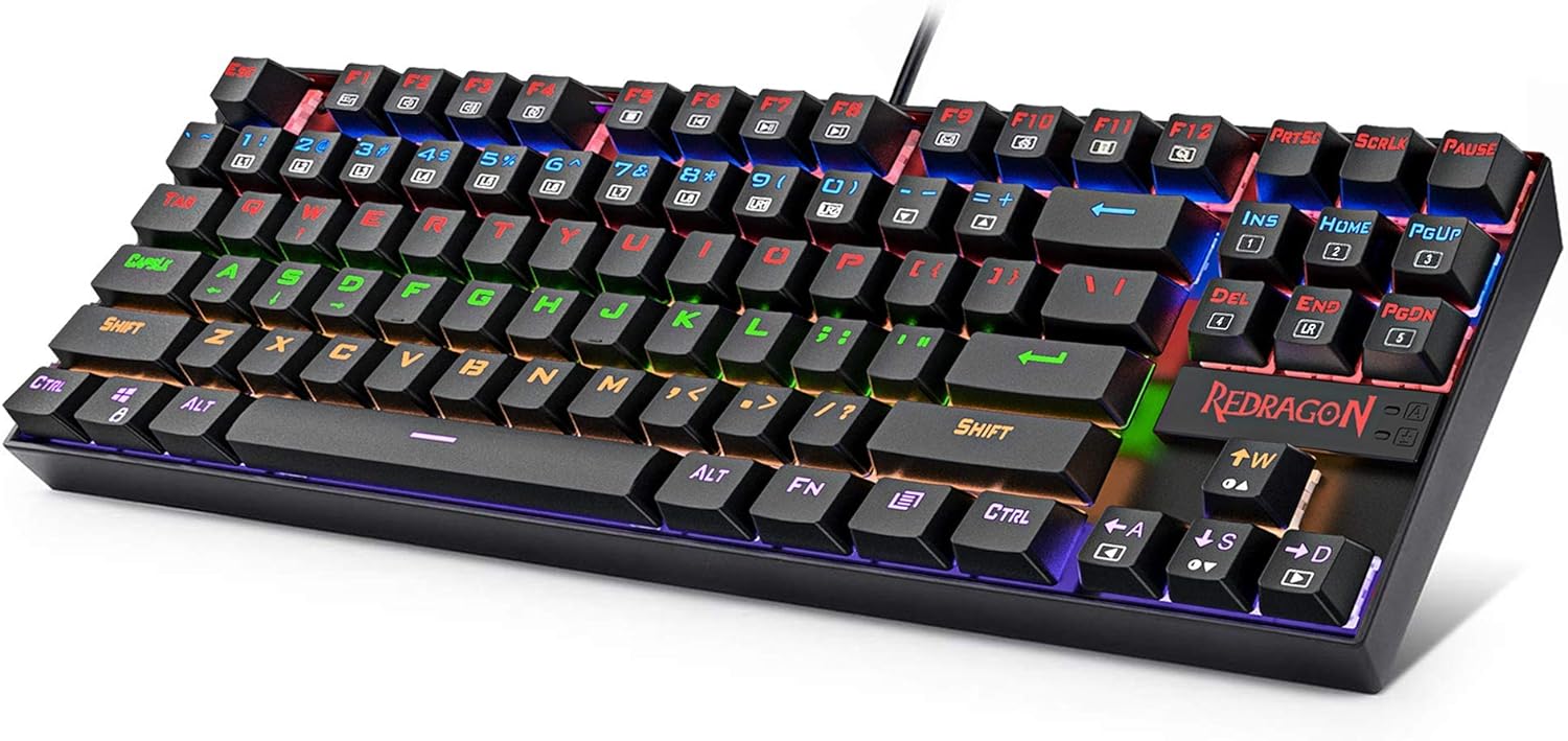 Redragon K552 Mechanical Gaming Keyboard, RGB Rainbow Backlit, 87 Keys, Tenkeyless, Compact Steel Construction with Blue Switches for Windows PC Gamer (Black)