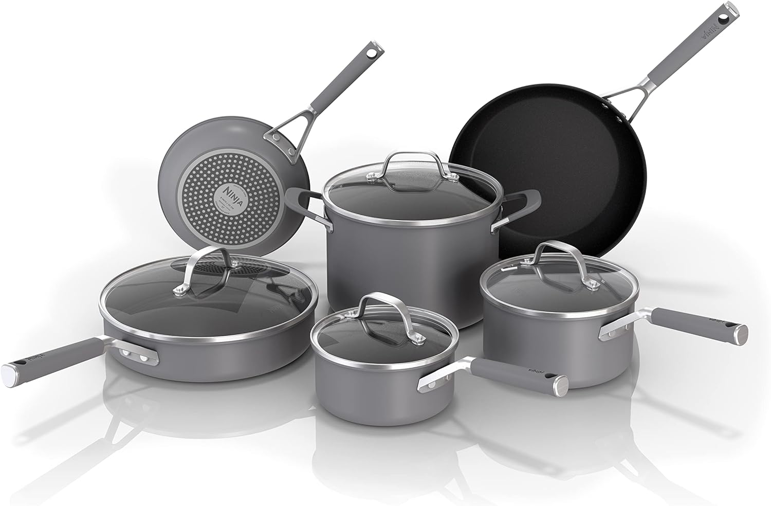 Ninja CW69010 NeverStick Comfort Grip 10-Piece Cookware Set, Nonstick, Durable, Scratch Resistant, Dishwasher Safe, Oven Safe to 400F, Silicone Handles, Grey