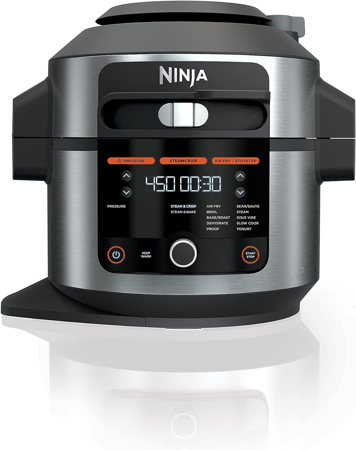 Ninja OL500 Foodi 6.5 Qt. 14-in-1 Pressure Cooker Steam Fryer with SmartLid, that Air Fries, Proofs & More, with 2-Layer Capacity, 4.6 Qt. Crisp Plate & 25 Recipes, Silver/Black