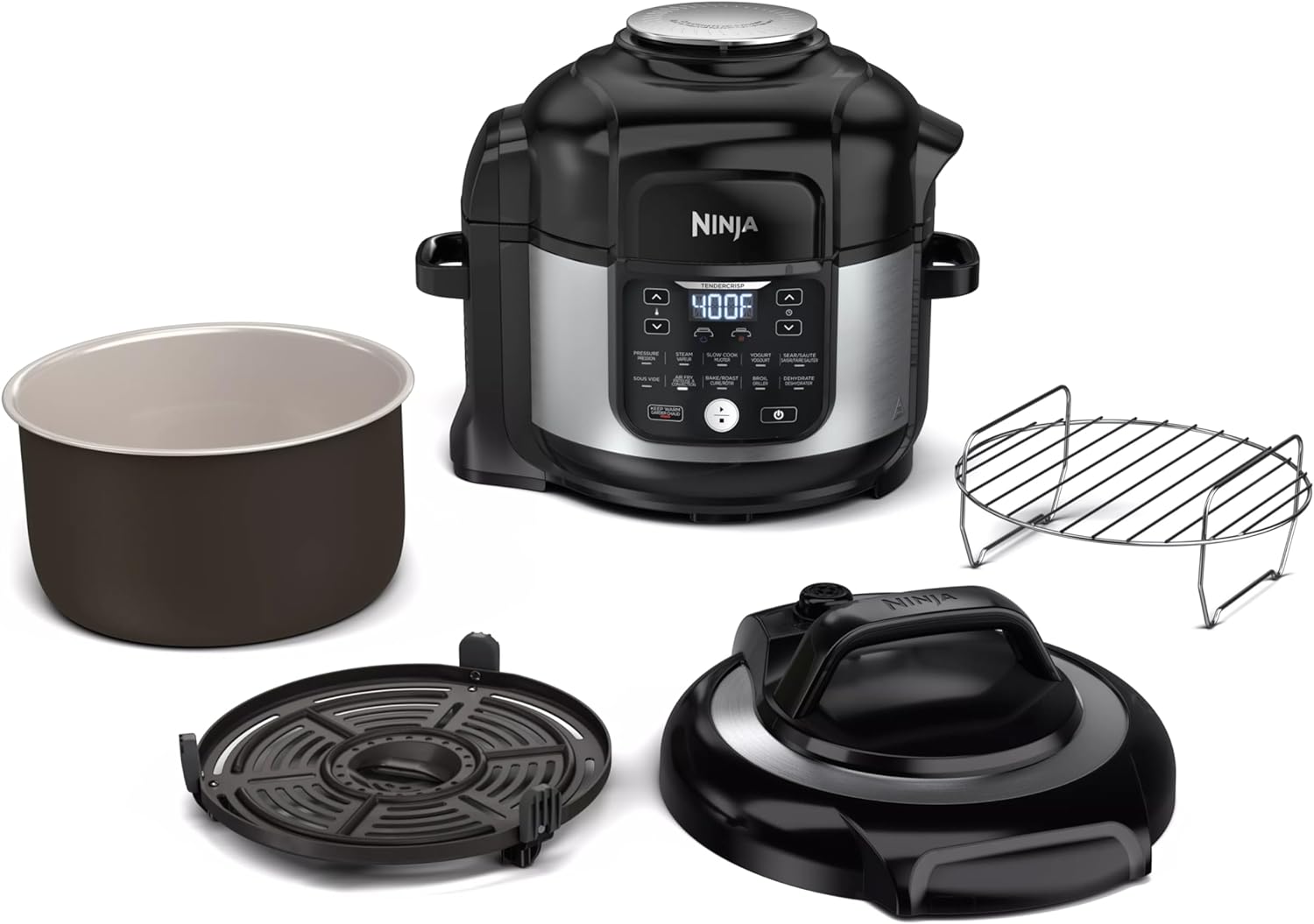 Ninja FD302 Foodi 11-in-1 Pro 6.5 qt. Pressure Cooker & Air Fryer that Steams, Slow Cooks, Sears, Sauts, Dehydrates & More, with 4.6 qt. Crisper Plate, Nesting Broil Rack & Recipe Book, Silver/Black