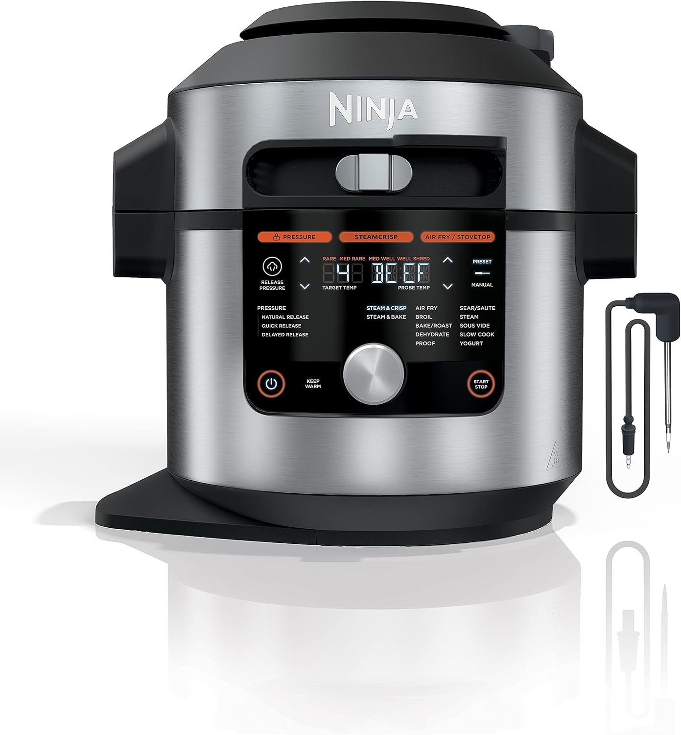 Ninja OL701 Foodi 14-in-1 SMART XL 8 Qt. Pressure Cooker Steam Fryer with SmartLid & Thermometer + Auto-Steam Release, that Air Fries, Proofs & More, 3-Layer Capacity, 5 Qt. Crisp Basket, Silver/Black