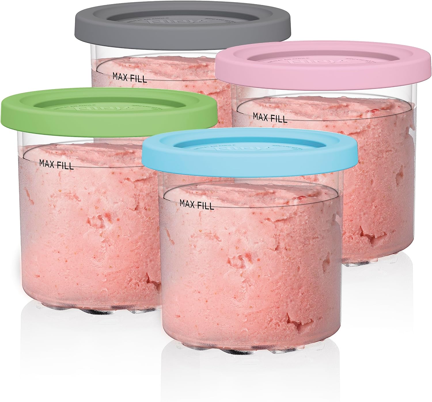 Ninja Creami Pints 4 Pack, Compatible with NC299AMZ & NC300s Series Creami Ice Cream Makers, Genuine Ninja Pint, BPA-Free & Dishwasher Safe, Color Lids, Clear/Grey/Lime/Pink/Aqua, XSKPLD4BCD