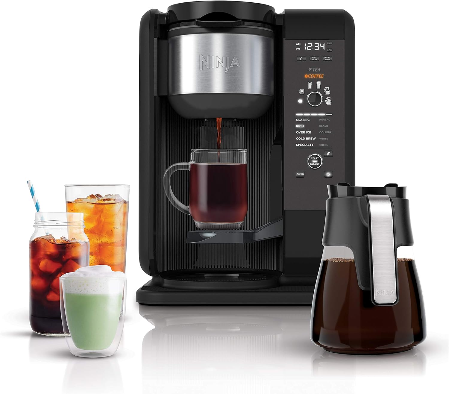 Ninja Hot and Cold Brewed System, Auto-iQ Tea and Coffee Maker with 6 Brew Sizes, 50 fluid ounces, 5 Brew Styles, Frother, Coffee & Tea Baskets with Glass Carafe (CP301),Black