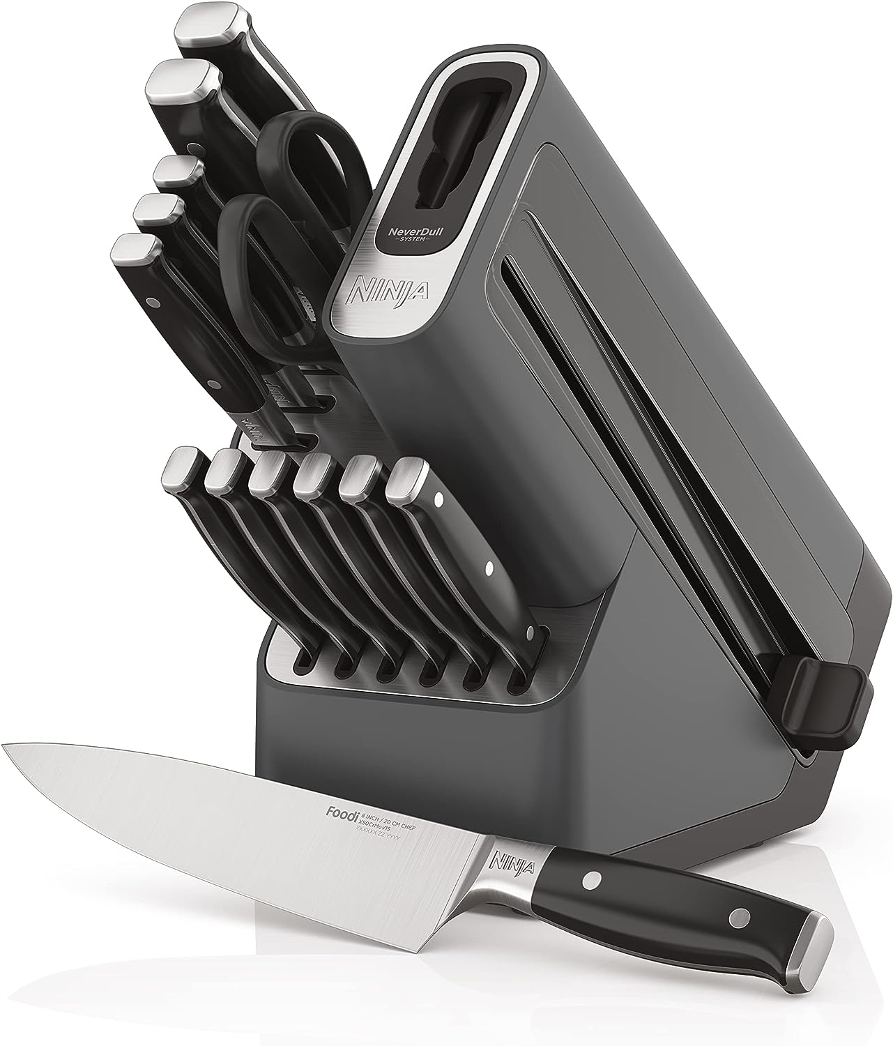 Ninja K32014 Foodi NeverDull Premium Knife System, 14 Piece Knife Block Set with Built-in Sharpener, German Stainless Steel Knives, Black