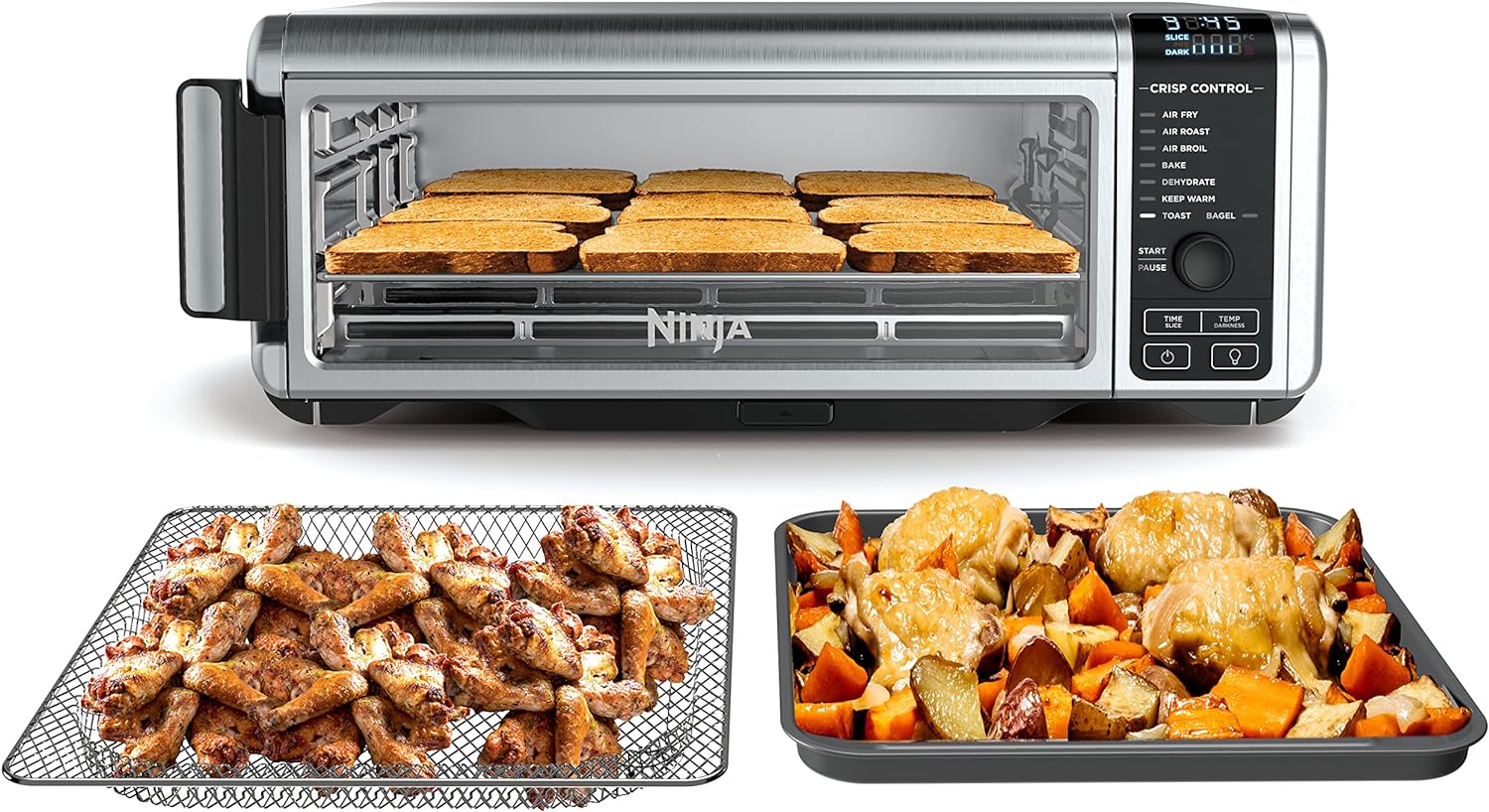 Ninja SP101 Digital Air Fry Countertop Oven with 8-in-1 Functionality, Flip Up & Away Capability for Storage Space, with Air Fry Basket, Wire Rack & Crumb Tray, Silver