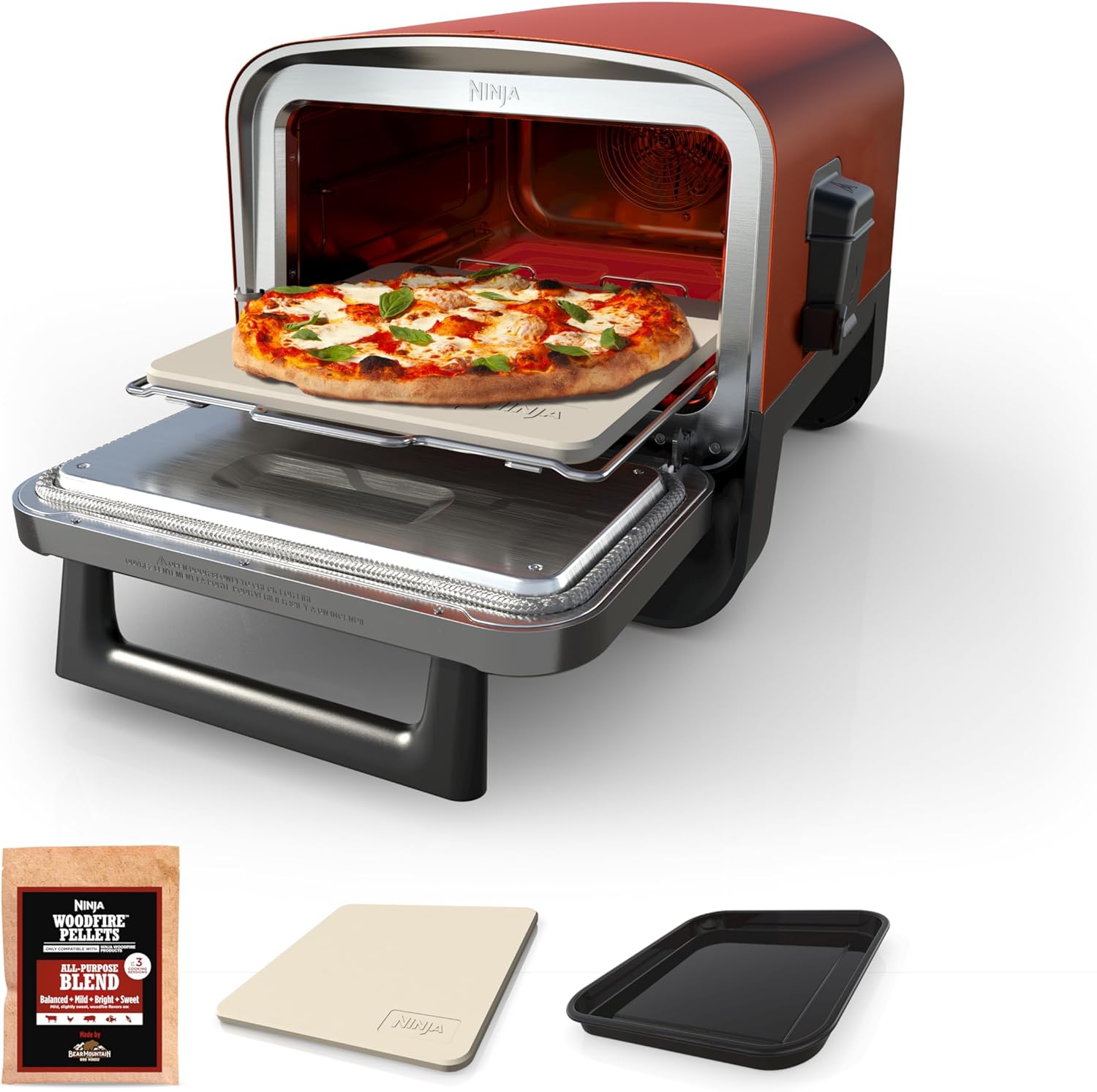 Ninja Woodfire Pizza Oven, 8-in-1 outdoor oven, 5 Pizza Settings, Ninja Woodfire Technology, 700F high heat, BBQ smoker, wood pellets, pizza stone, electric heat, portable, terracotta red, OO101