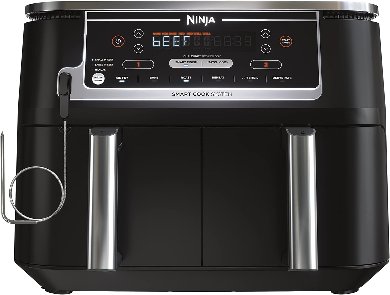 Ninja DZ550 Foodi 10 Quart 6-in-1 DualZone Smart XL Air Fryer with 2 Independent Baskets, Thermometer for Perfect Doneness, Match Cook & Smart Finish to Roast, Dehydrate & More, Grey