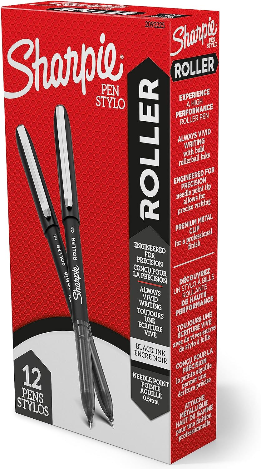 SHARPIE Rollerball Pen, Needle Point (0.5mm) Precision Pen, Black Ink, 12 Count