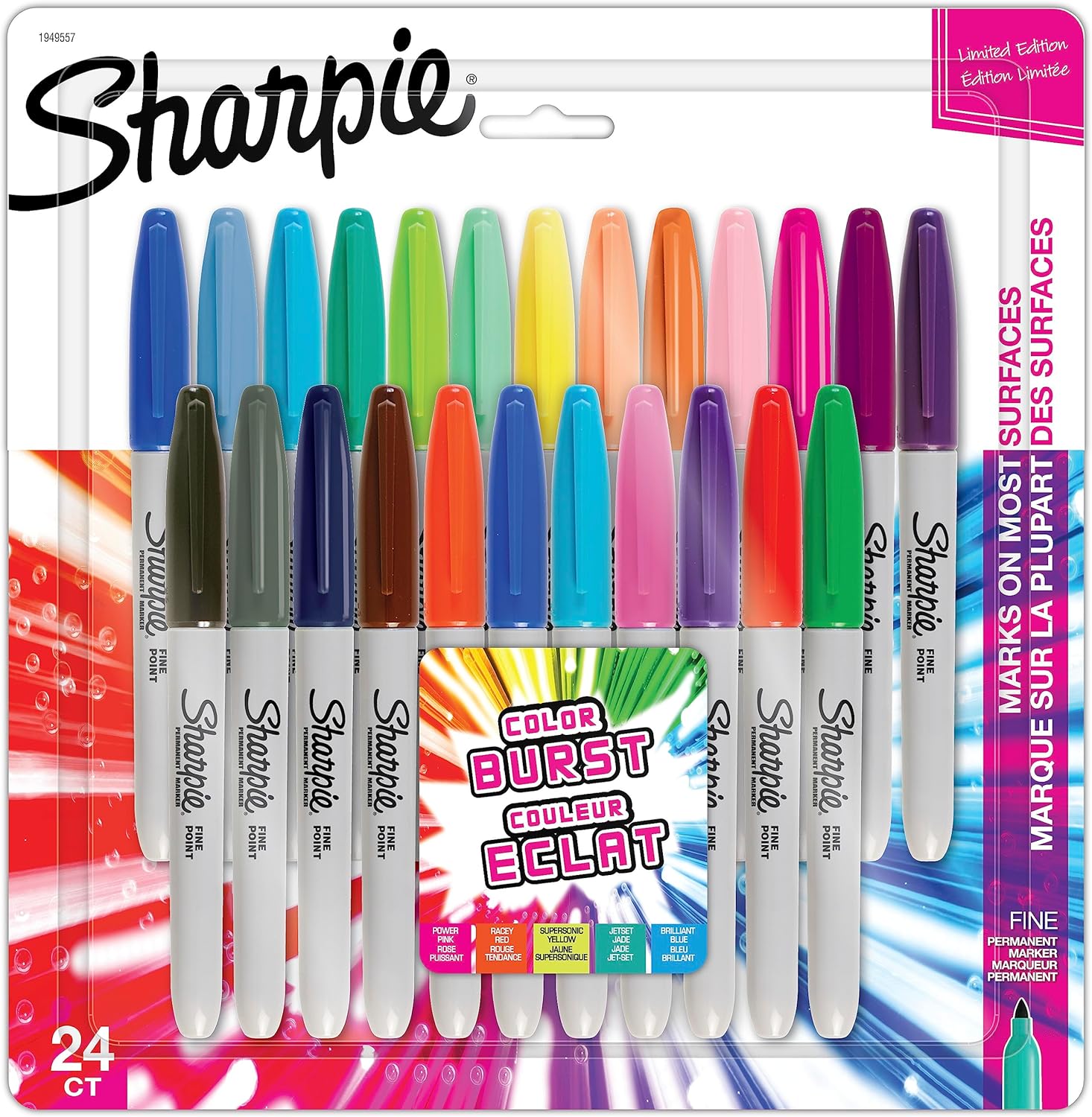 SHARPIE Color Burst Permanent Markers, Fine Point, Assorted Colors, 24 Count