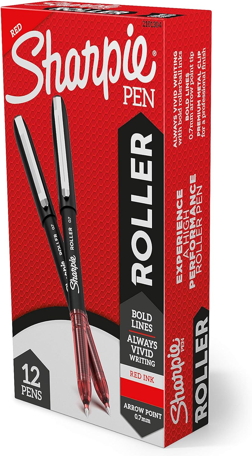 SHARPIE Rollerball Pen, Arrow Point (0.7mm) Pen for Bold Lines, Red Ink, 12 Count