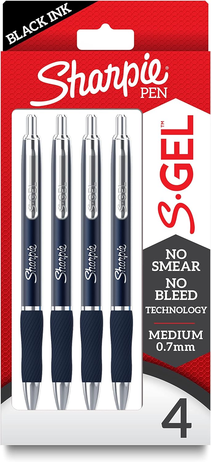 SHARPIE S-Gel, Gel Pens, Sleek Metal Barrel, Midnight Blue, Medium Point (0.7mm), Black Ink, 4 Count