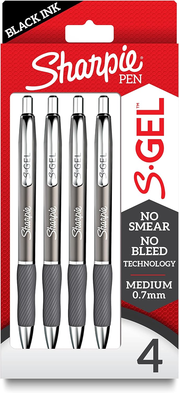 SHARPIE S-Gel, Gel Pens, Sleek Metal Barrel, Gunmetal, Medium Point (0.7mm), Black Ink, 4 Count