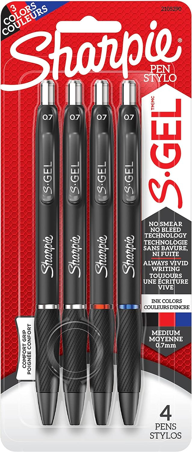 SHARPIE S-Gel, Gel Pens, Medium Point (0.7mm), Assorted Colors, 4 Count